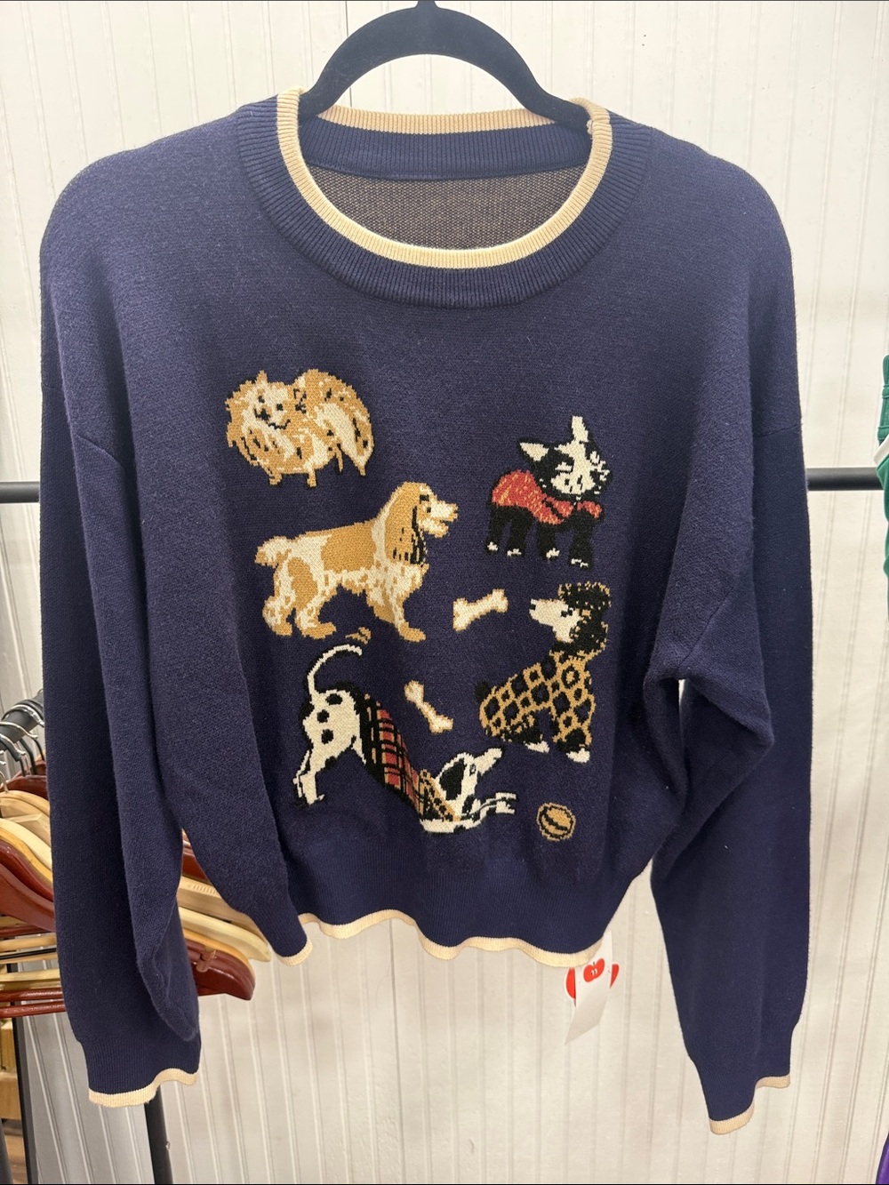 NWT Cider Navy Dog-Print Crewneck Sweater with Cream Trim